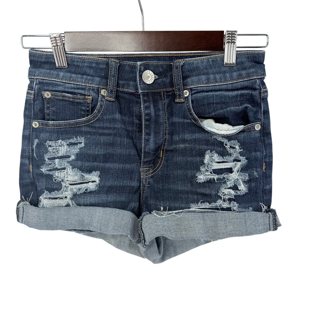 American Eagle Denim Shorts Womens 2 Hi Rise Shortie Dark Wash Distressed